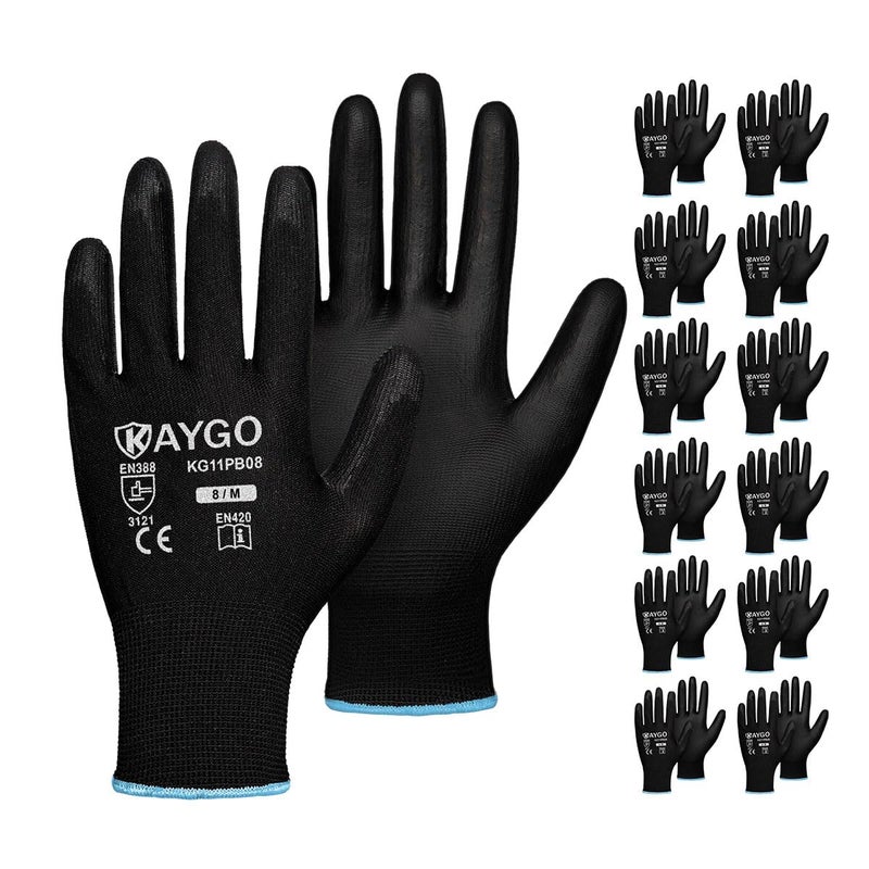 KAYGO Safety Work Gloves PU Coated,12 Pairs KG11PB Seamless Knit Glove for Men and Women, with Smooth Grip on Palm and Fingers, Ideal for General Duty Work (Medium, Black) - Image 1